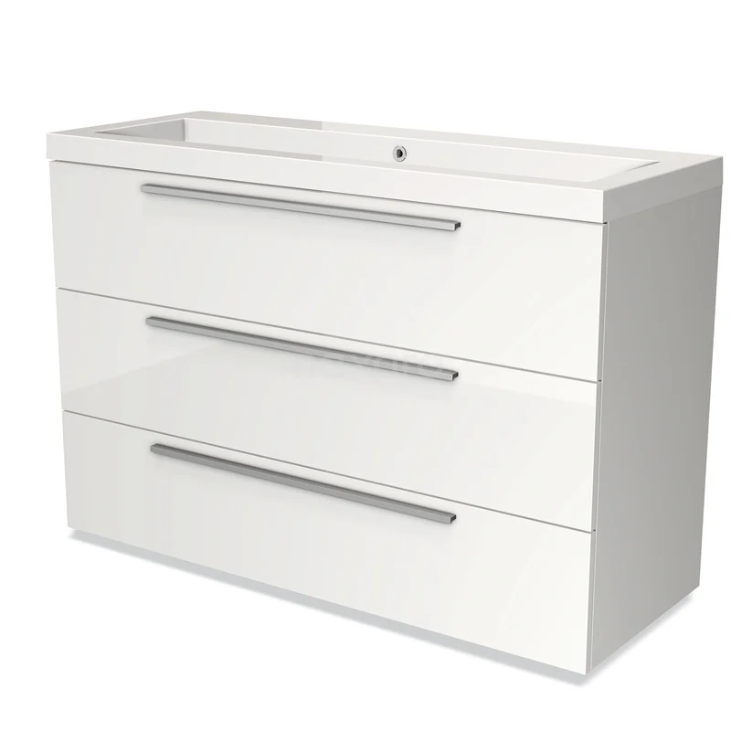 Modulo Bathroom furniture with sink | 120 cm High-gloss white Flat front Mineral marble 3 drawers BMW19-01679 White bathroom unit with three drawers, modern design and integrated basin, ideal for stylish bathroom storage.