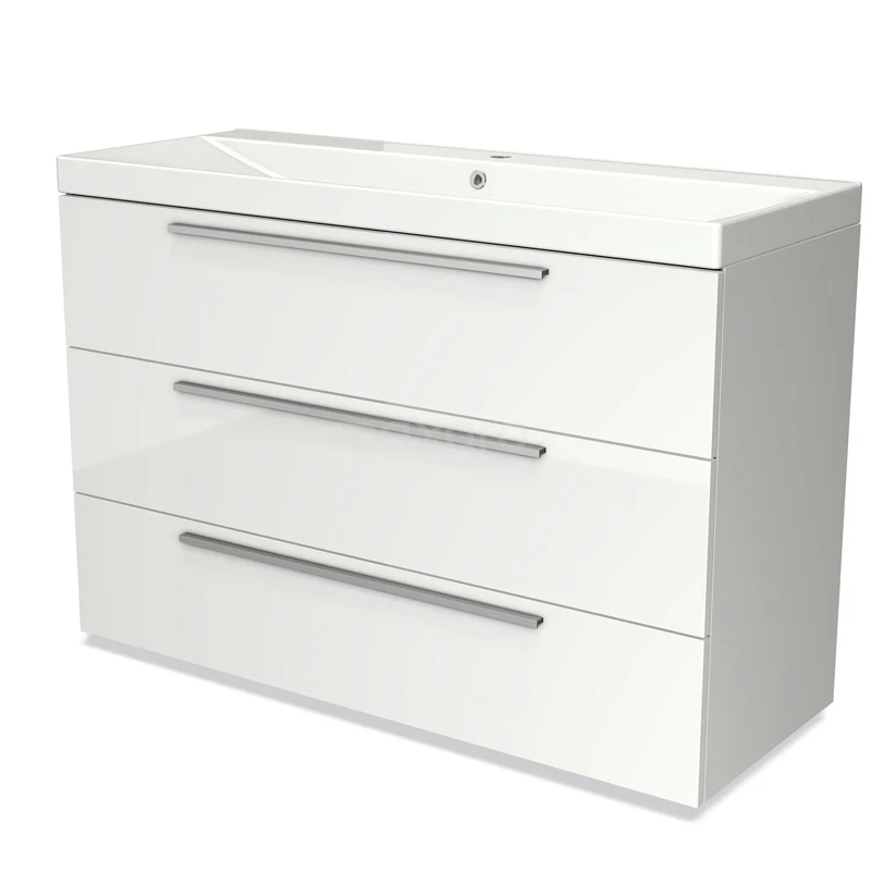 White bathroom cabinet with basin, three drawers and sleek aluminium handles; modern design for storage space in the bathroom.