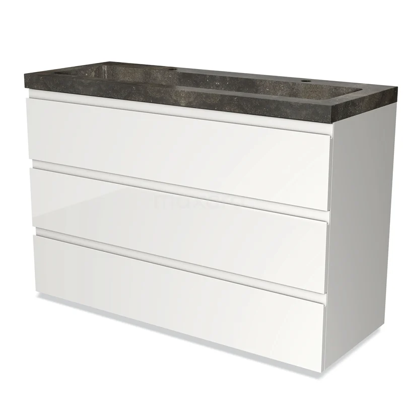 White bathroom unit with dark marble basin worktop, sleek design and three wide drawers, ideal for modern bathrooms.