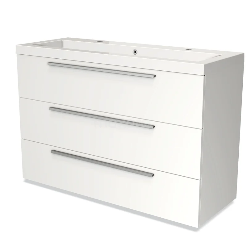 Modulo Bathroom furniture with sink | 120 cm Matte white Flat front Mineral marble 3 drawers BMW19-01719 White bathroom unit with three drawers, slim silver handles and an integrated vanity units with basin, modern and sleek design.