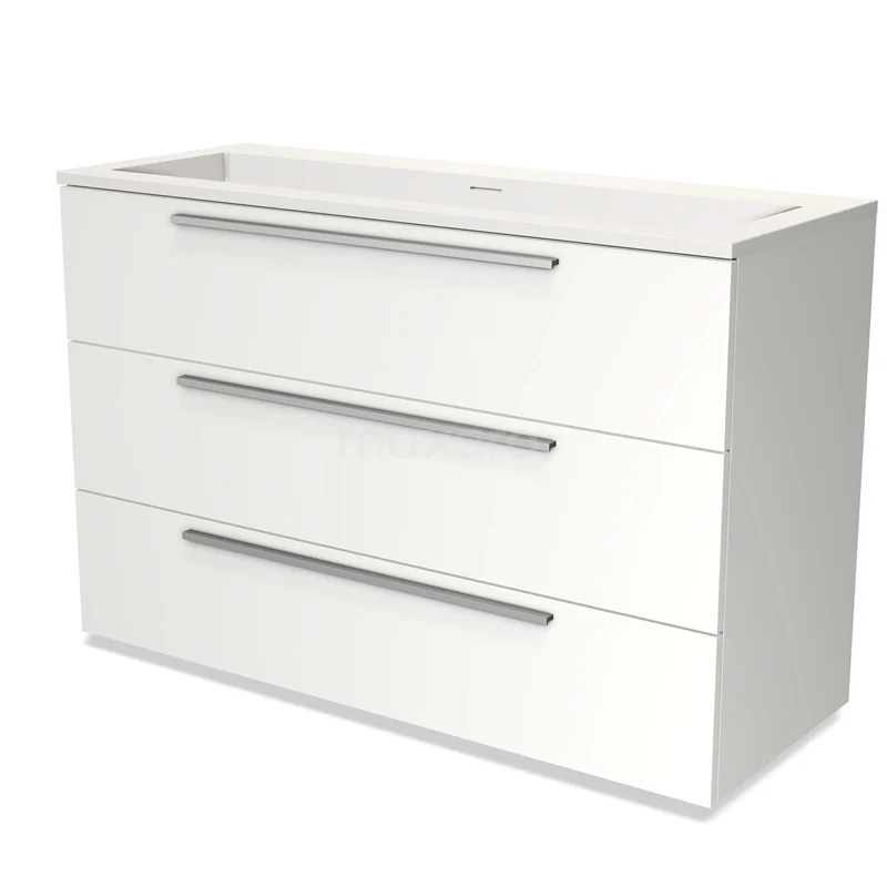 Badmöbel 120cm Modulo Matt Weiß 3 Schubladen Flaches Solid Surface Waschbecken BMW19-01723 Weißes Waschtischmöbel mit drei Schubladen, schlankem Design und metallischen Haltegriffen, ideal für moderne Badezimmerlagerung.