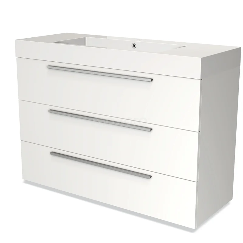 Badmöbel 120cm Modulo Matt Weiß 3 Schubladen Flaches Waschbecken Mineralguss BMW19-01730 Weiße Badmöbel mit drei Schubladen, modernem Griffleisten und eingebautem Waschbecken, ideal für eine schlichte Badezimmergestaltung.