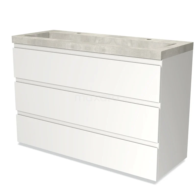 Badmöbel 120cm Modulo Matt Weiß 3 Schubladen Griffloses Waschbecken Beton BMW19-01754 Weiße Badmöbel mit drei Schubladen, einer luxuriösen marmorierten Waschtischplatte und einem schlichten modernen Stil. Perfekt für ein stilvolles Badezimmer.
