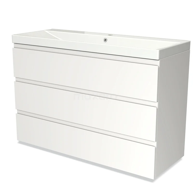 Badmöbel 120cm Modulo Matt Weiß 3 Schubladen Griffloses Waschbecken Keramik BMW19-01755 Weiße Badmöbelset mit drei Schubladen, schlankem Design und integriertem Waschbecken, ideal für moderne Bäder.