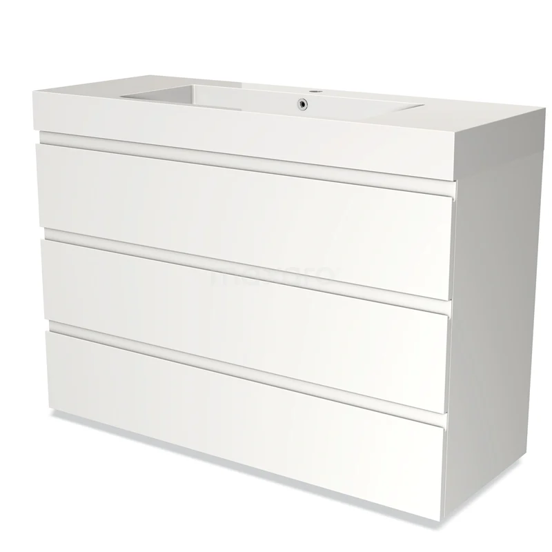 Badmöbel 120cm Modulo Matt Weiß 3 Schubladen Griffloses Waschbecken Mineralguss BMW19-01756 Weißes Badmöbel mit Waschbecken, modernes Design, drei Schubladen und Hochglanzoberfläche für ein stilvolles und funktionales Badezimmer.