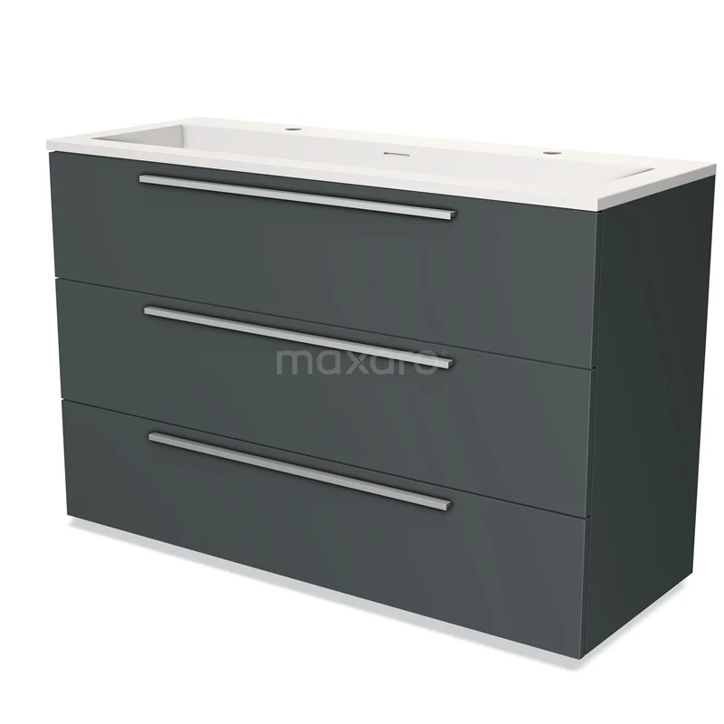 Anthracite bathroom unit with three drawers, shiny metal handles and ceramic vanity units with basin, modern design.