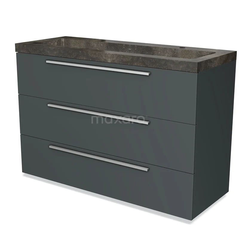 Grey bathroom cabinet with three drawers, sleek design, featuring a dark marble basin worktop.