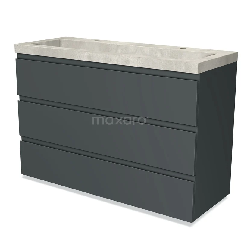 Dark grey bathroom furniture set with concrete-look basin, clean lines and three spacious drawers for optimal storage.