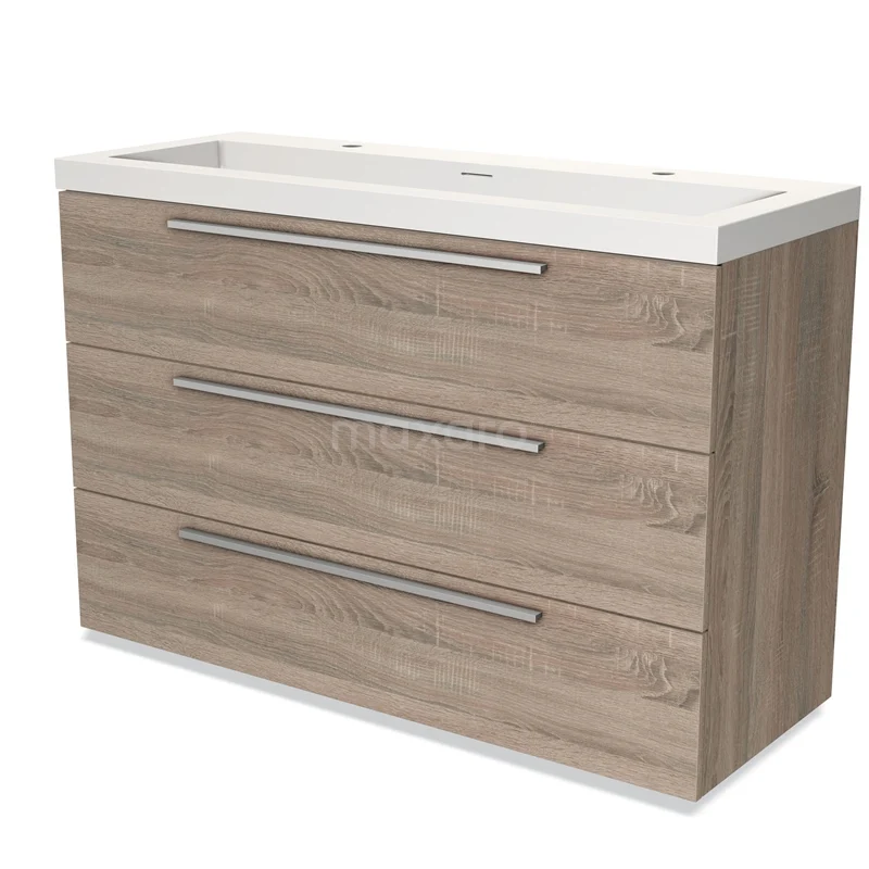 Modulo Vanity units with basin | 120 cm Oak Flat front Solid surface 3 drawers BMW19-01839 Wooden bathroom unit with white vanity units with basin, three wide drawers and sleek handles, ideal for modern bathroom storage.