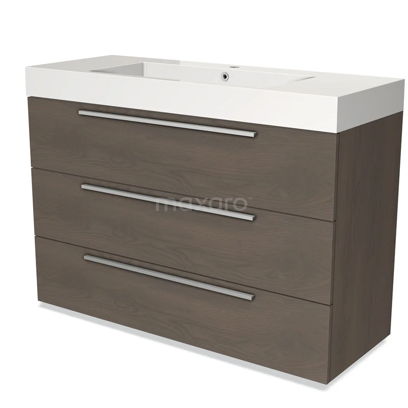 Wooden bathroom unit with white vanity units with basin, three drawers and modern handle; stylish design for any bathroom.