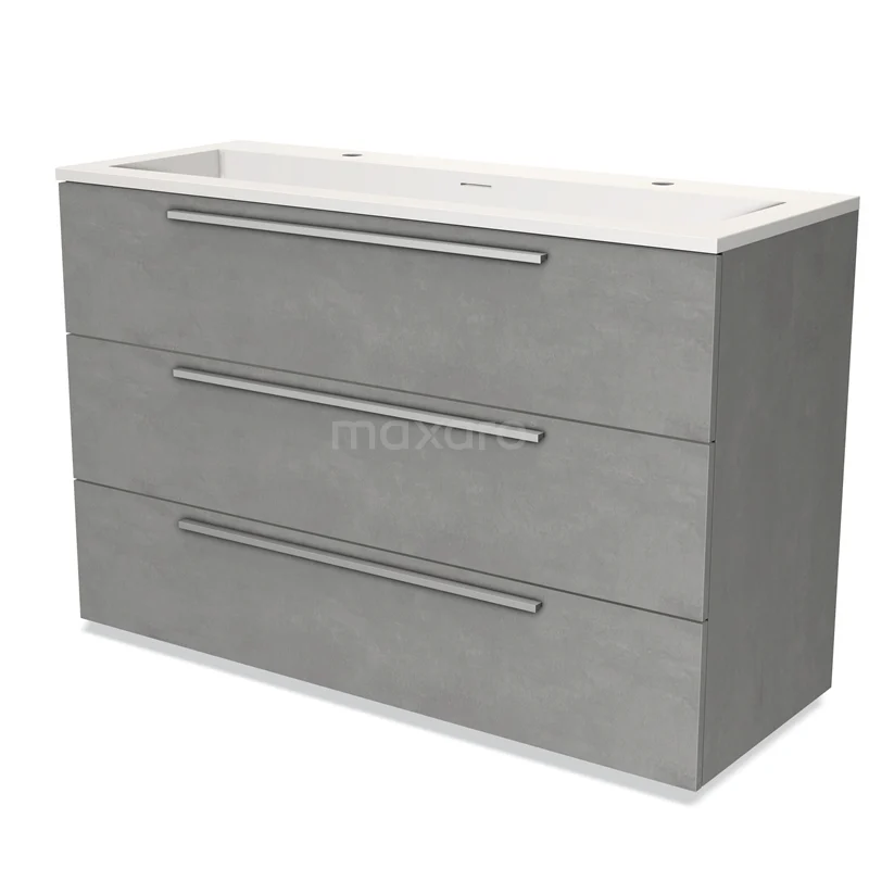 Modulo Vanity units with basin | 120 cm Light grey concrete Flat front Solid surface 3 drawers BMW19-01997 Grey Bathroom unit with three drawers, concrete-look finish and integrated white vanity units with basin, ideal for modern bathrooms.