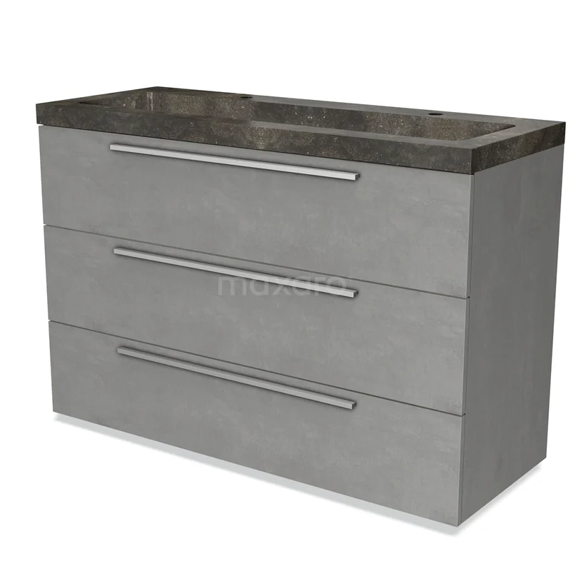 Modulo Vanity units with basin | 120 cm Light grey concrete Flat front Natural stone 3 drawers BMW19-01998 Grey vanity unit with concrete look, sleek drawer handles and natural stone basin worktop, ideal for modern bathrooms.