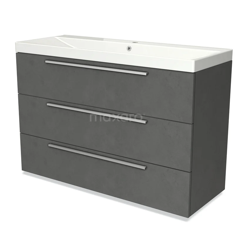 Modulo Vanity units with basin | 120 cm Dark grey concrete Flat front Ceramic 3 drawers BMW19-02015 Grey bathroom furniture set with three drawers, sleek design and ceramic basin, ideal for stylish bathroom storage.