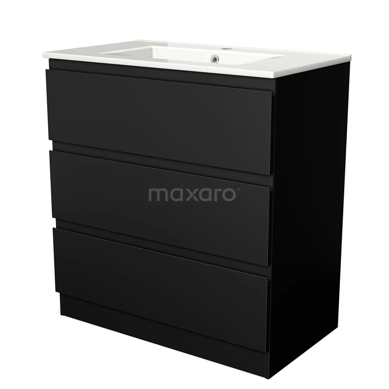 Modulo Vanity units with basin | 80 cm Matte black Handle-less front Ceramic 3 standing drawers BMW19S-00033