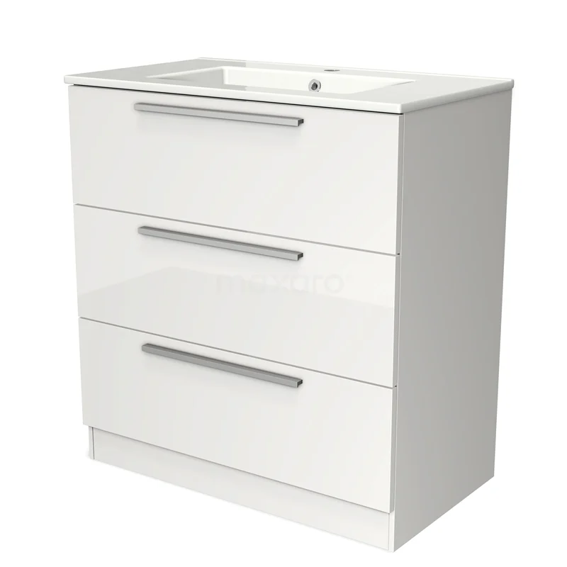 Badmöbel 80cm Modulo Hochglanz Weiß 3 Schubladen Stehendes Schubladen-Waschbecken aus Keramik BMW19S-00049 Weißes Badezimmermöbel mit drei Schubladen, glänzender Oberfläche und metallischen Haltegriffen, ideal für praktischen Stauraum im Badezimmer.