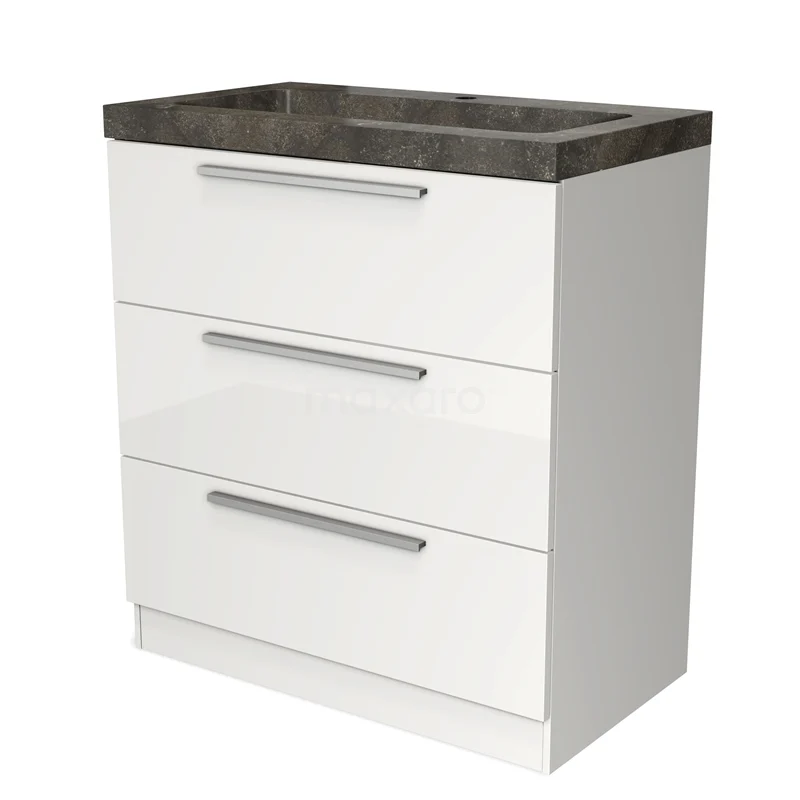 Modulo Vanity units with basin | 80 cm High-gloss white Flat front Natural stone 3 standing drawers BMW19S-00055