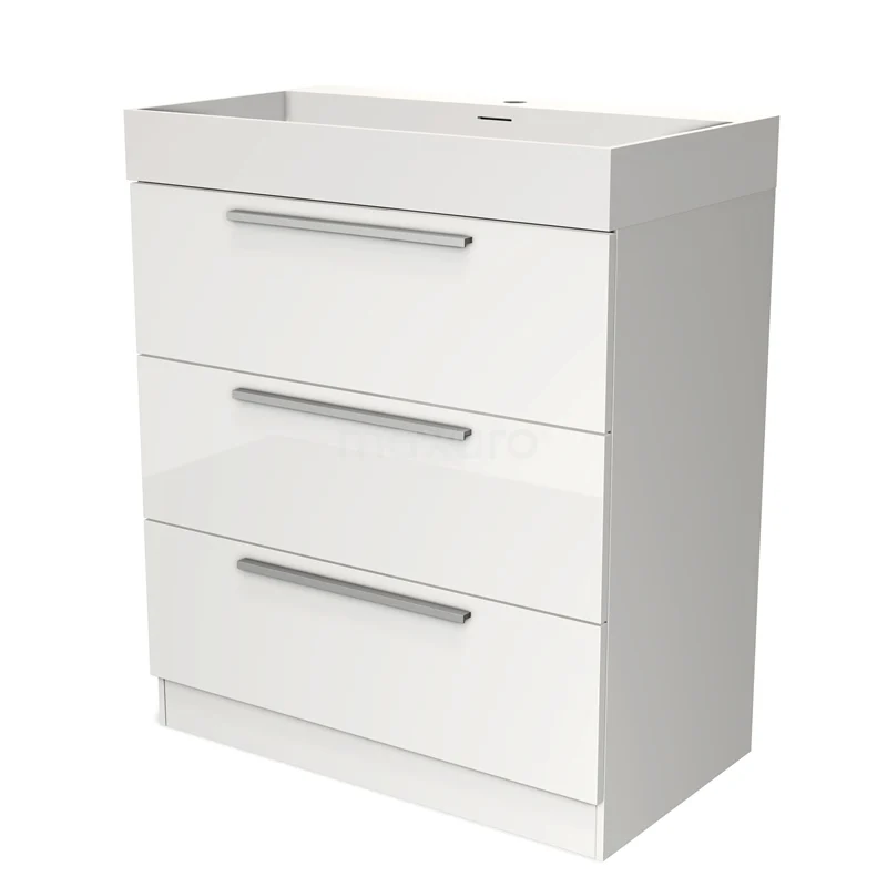 Modulo Vanity units with basin | 80 cm High-gloss white Flat front Solid surface 3 standing drawers BMW19S-00056