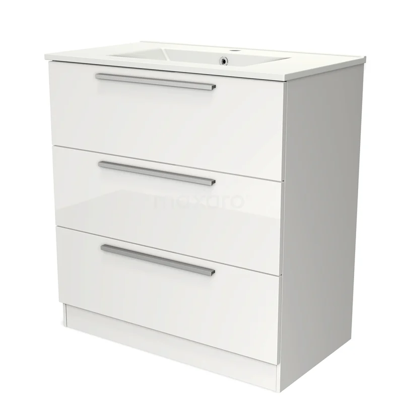 Modulo Vanity units with basin | 80 cm High-gloss white Flat front Ceramic 3 standing drawers BMW19S-00062
