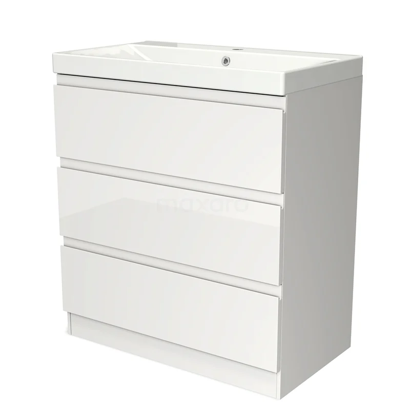 Badmöbel 80cm Modulo Hochglanz Weiß 3 Schubladen Griffloses Waschbecken Keramik BMW19S-00092 Weiße Badmöbelset mit 3 Schubladen, schlankem Design und integriertem Waschbecken aus Keramik, ideal für moderne Bäder.