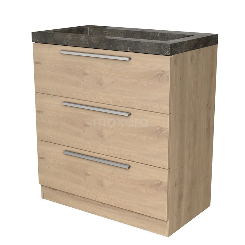 Modulo Vanity units with basin | 80 cm Light brown oak Flat front Natural stone 3 standing drawers BMW19S-00103