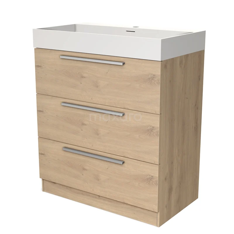 Modulo Vanity units with basin | 80 cm Light brown oak Flat front Solid surface 3 standing drawers BMW19S-00104
