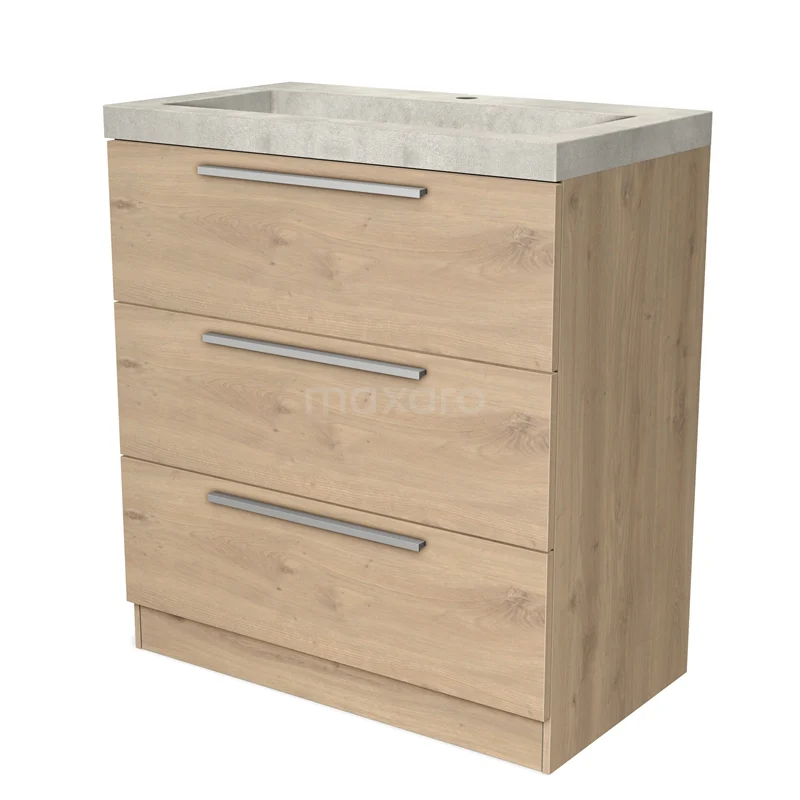 Modulo Vanity units with basin | 80 cm Light brown oak Flat front Concrete 3 standing drawers BMW19S-00107