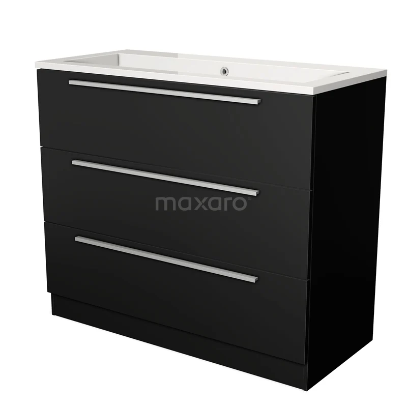 Zwarte badkamermeubel met witte wastafel, drie lades en strak design; geschikt voor moderne badkamers.