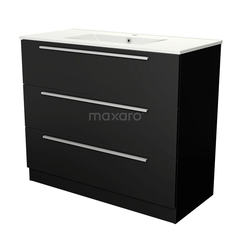 Zwarte badkamerkast met drie lades en een witte wasbak, moderne chrome handgrepen, ideaal voor stijlvolle badkameropslag.