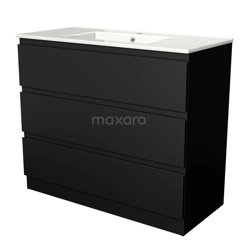 Modulo Vanity units with basin | 100 cm Matte black Handle-less front Ceramic 3 standing drawers BMW19S-00169