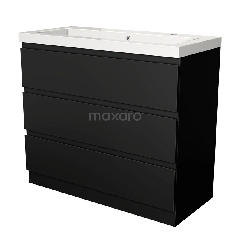 Modulo Vanity units with basin | 100 cm Matte black Handle-less front Mineral marble 3 standing drawers BMW19S-00172