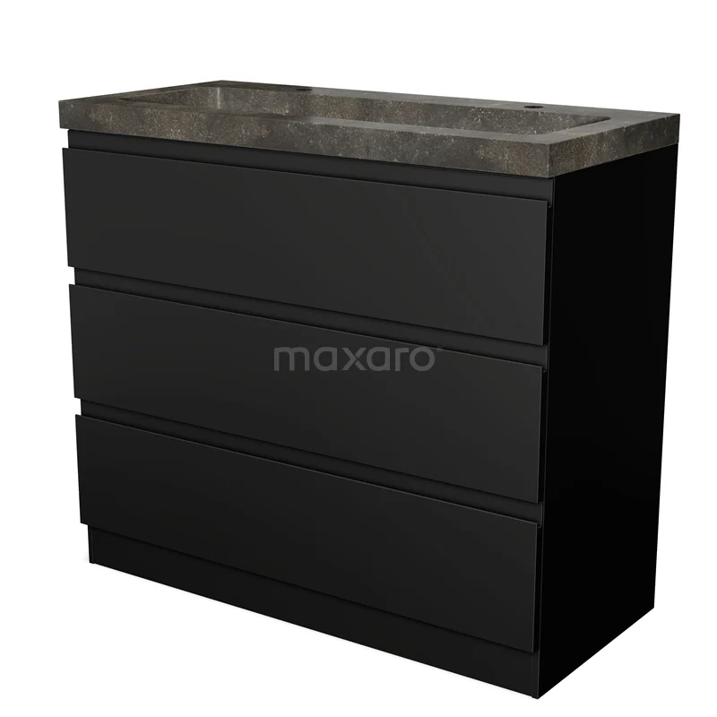 Badmöbel 100cm Modulo Matt Schwarz 3 Schubladen Griffloses Waschbecken Naturstein Blau BMW19S-00179 Schwarzes Badmöbel mit drei Schubladen und Natursteine Waschbecken, ideal für moderne Bäder.