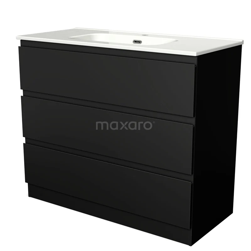 Modulo Vanity units with basin | 100 cm Matte black Handle-less front Ceramic 3 standing drawers BMW19S-00188
