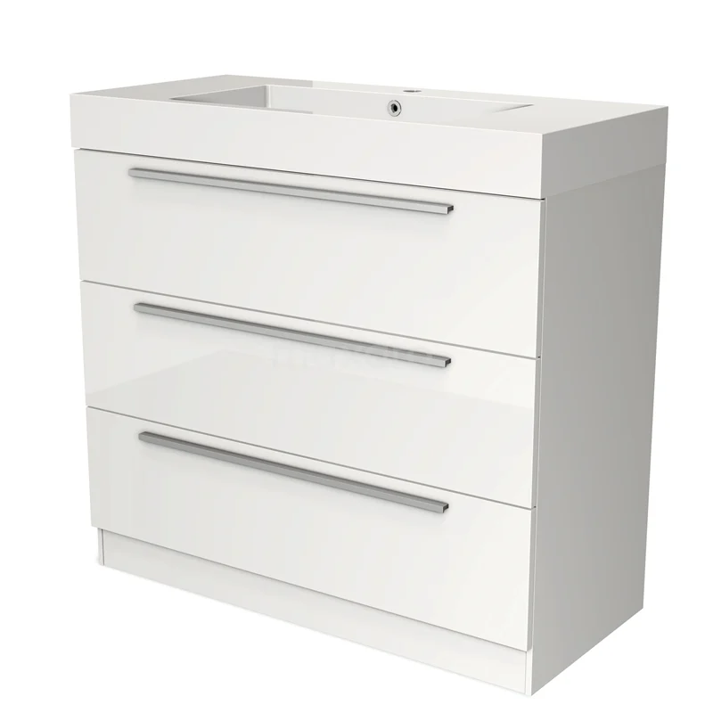 Badmöbel 100cm Modulo Hochglanz Weiß 3 Schubladen stehendes Waschbecken Mineralguss BMW19S-00207 Weißes Badezimmermöbel mit drei Softclose-Schubladen, Hochglanz-Oberfläche und integriertem Waschbecken, modernes Design.