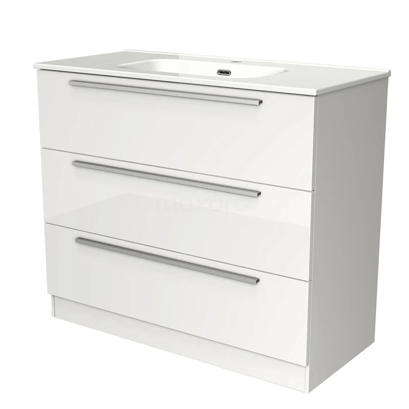 White bathroom unit with three drawers, integrated vanity units with basin and chrome handles; sleek and modern design.