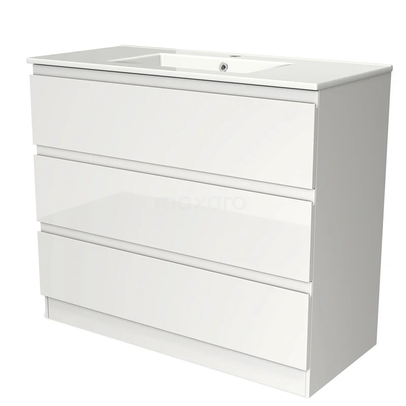 White bathroom furniture set with three drawers, glossy finish and integrated basin, modern design and durable materials.