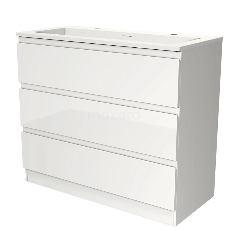 Witte badkamerkast met drie lades, moderne uitstraling, ideaal voor opbergruimte in de badkamer.