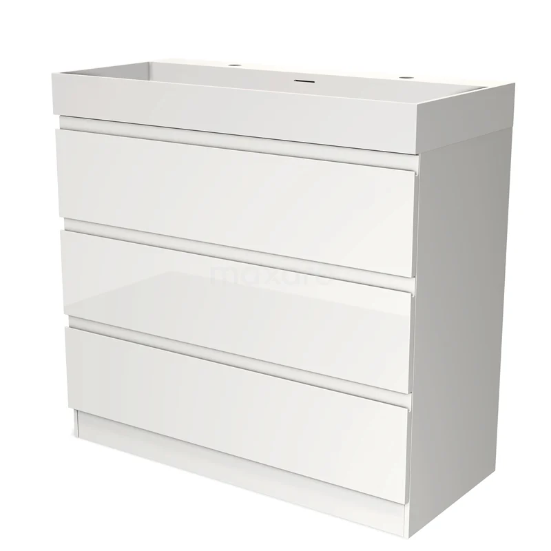 Witte badkamerkast met drie lades, modern design, hoogglans afwerking, ideaal voor badkameropslag.