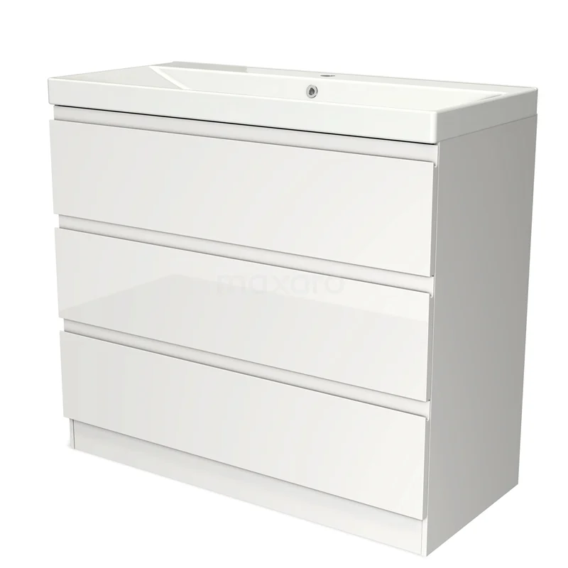 Badmöbel 100cm Modulo Hochglanz Weiß 3 Schubladen Griffloses Waschbecken Keramik BMW19S-00244 Weißes Badmöbel mit drei Schubladen, Hochglanzoberfläche und integriertem Waschbecken, ideal für moderne Bäder.