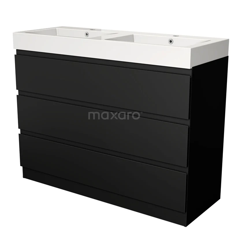 Zwart badkamermeubel met dubbele witte wastafel, strak design, ideaal voor moderne badkamers.