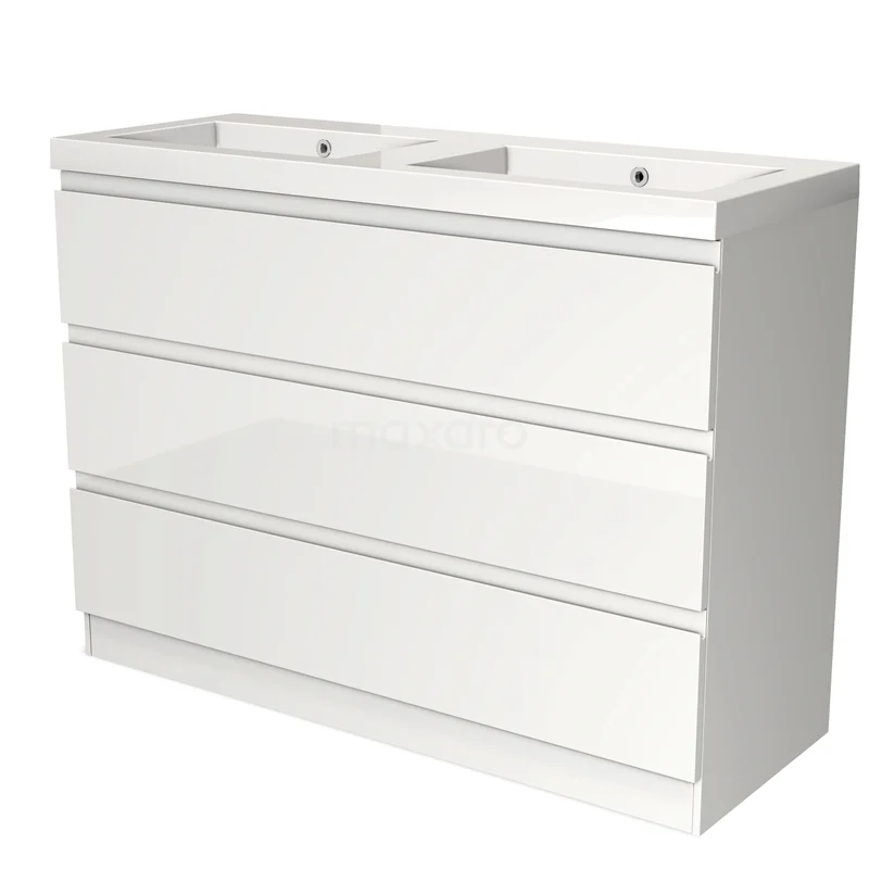 Modulo Vanity units with basin | 120 cm High-gloss white Handle-less front Mineral marble 3 standing drawers BMW19S-00360