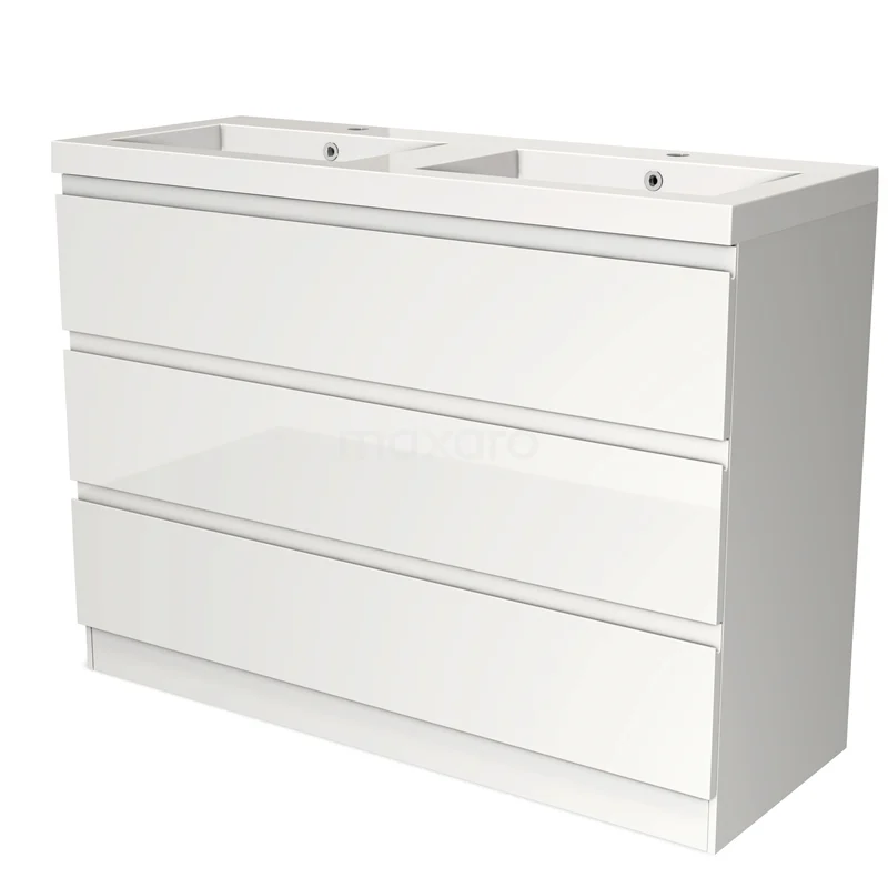 Modulo Vanity units with basin | 120 cm High-gloss white Handle-less front Mineral marble 3 standing drawers BMW19S-00361