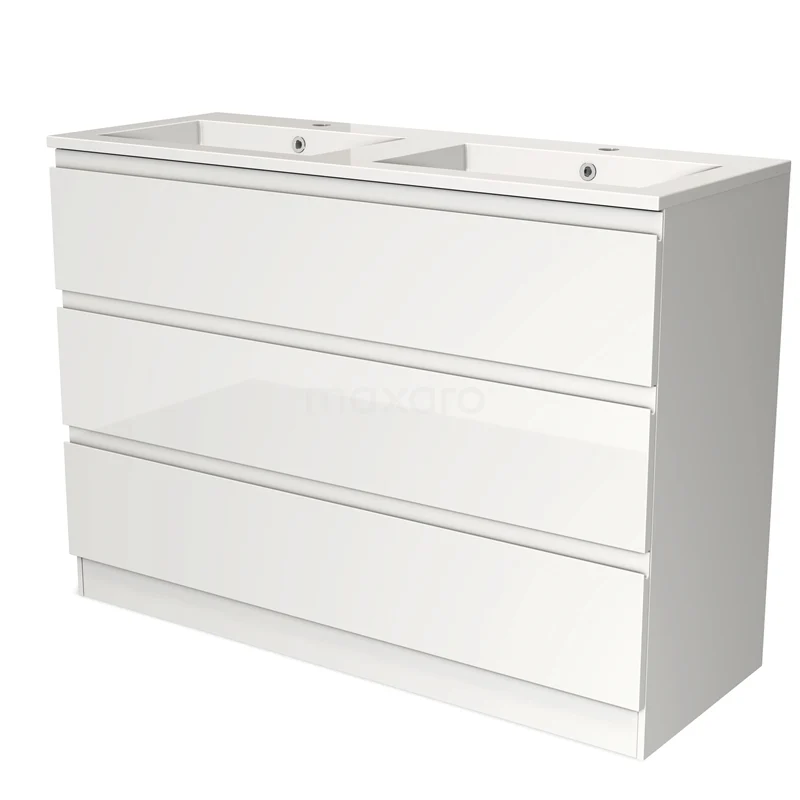Modulo Vanity units with basin | 120 cm High-gloss white Handle-less front Mineral marble 3 standing drawers BMW19S-00362