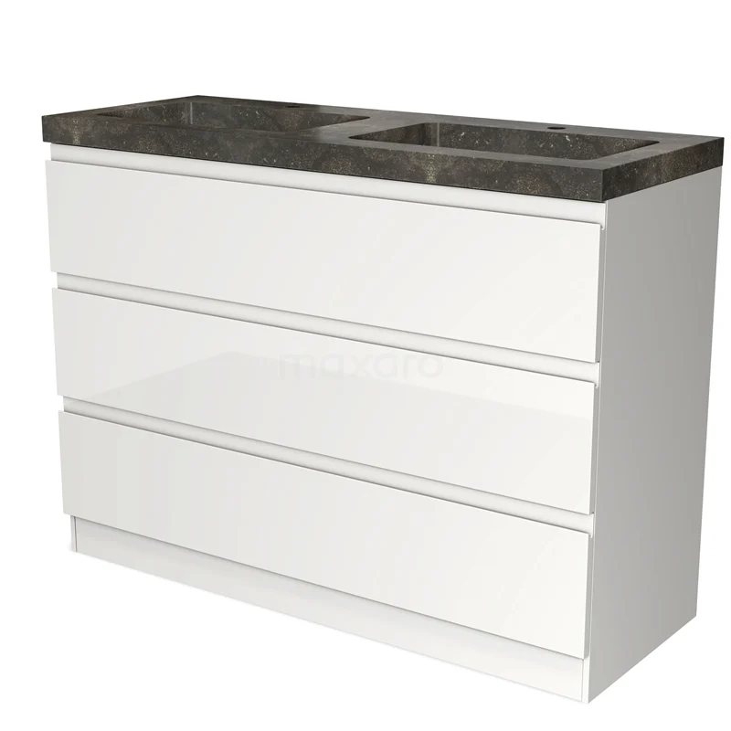White bathroom unit with three drawers, black marble basin worktop and modern design, ideal for stylish bathroom storage.