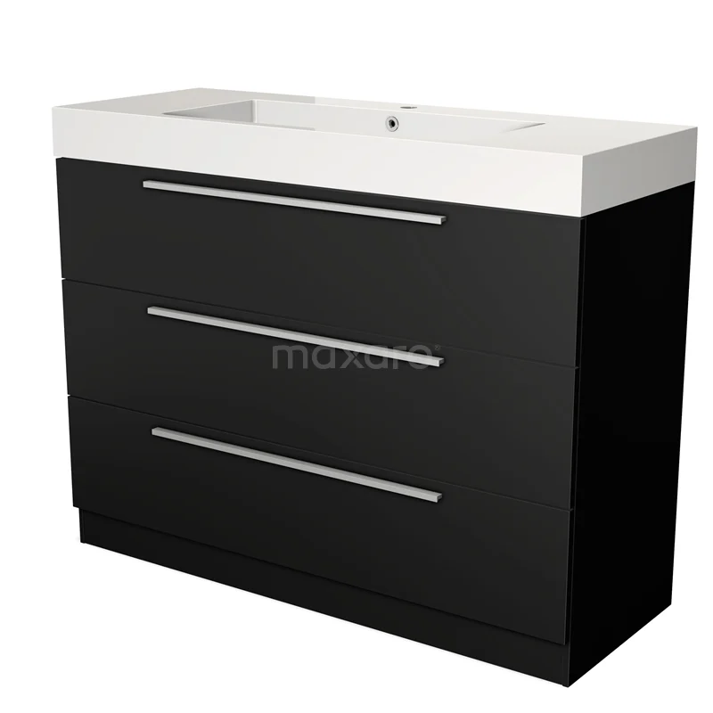 Zwarte badkamermeubelset met witte wastafel, drie lades en strakke zilveren handgrepen; modern design en hoogglans afwerking.