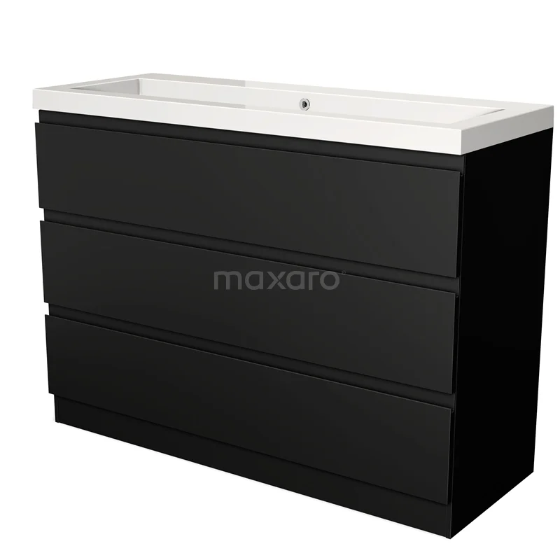 Zwarte badkamerkast met ladensysteem, uitgevoerd in modern design en afgewerkt met een wit wastafelblad van keramiek.