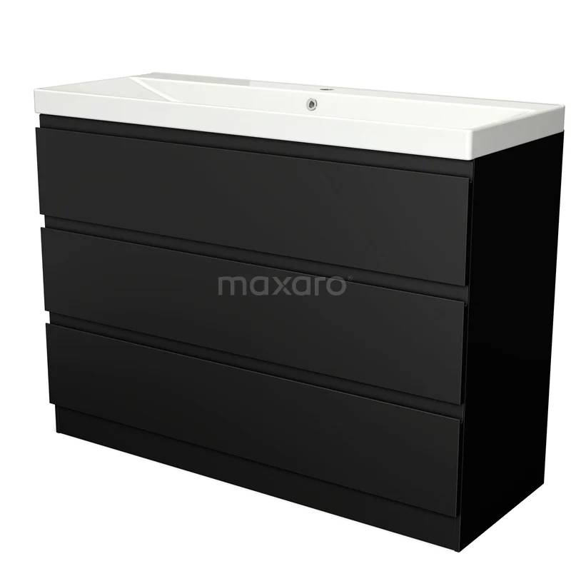 Modulo Waschtische | 120 cm Matt Schwarz Grifflos front Keramik 3 stehende Schubladen BMW19S-00438 Schwarze Badmöbelset mit drei Schubladen, modernes Design, weiße keramische Waschtischplatte. Perfekt für einen klaren Badezimmerstil.