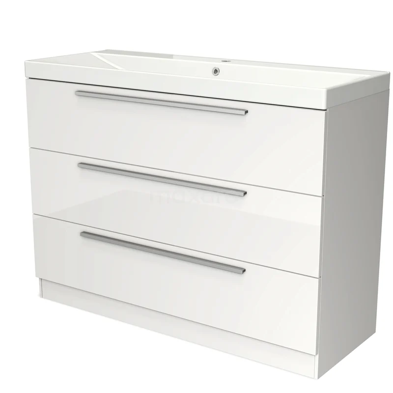 Badmöbel 120cm Modulo Hochglanz Weiß 3 Schubladen Stehendes Schubladen-Waschbecken aus Keramik BMW19S-00451 Weißes Badezimmermöbel mit drei Schubladen und integriertem Waschbecken, modernes, schlankes Design, ideal für zusätzlichen Stauraum.