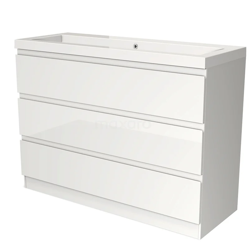 Witte badkamermeubel met drie lades, modern ontwerp uit hoogglans materiaal, ideaal voor stijl en opbergruimte in de badkamer.
