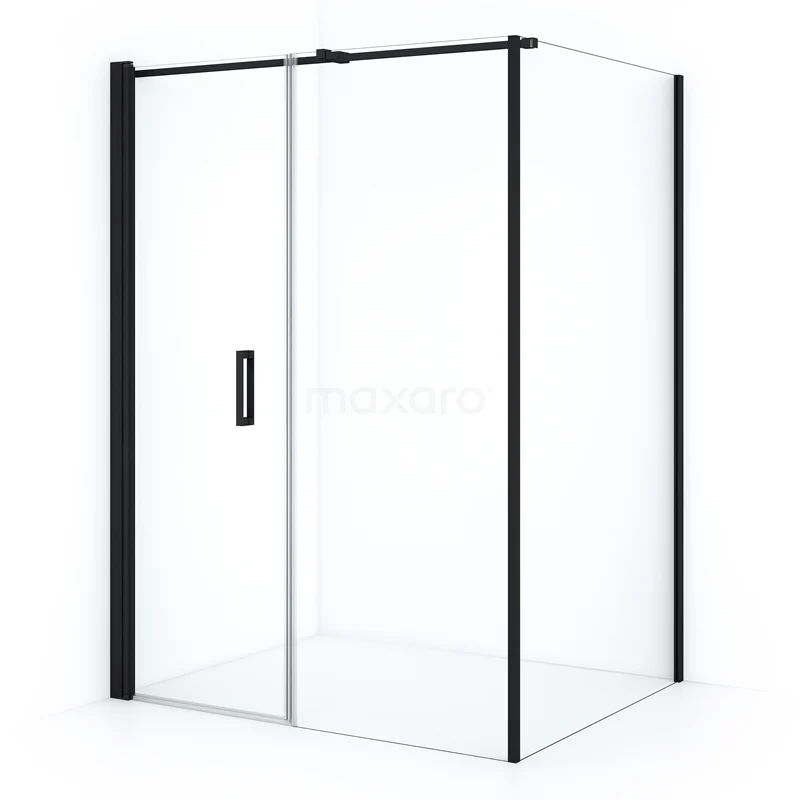 Shower enclosure with black profiles, clear glass and sliding door, modern design for stylish bathroom design.