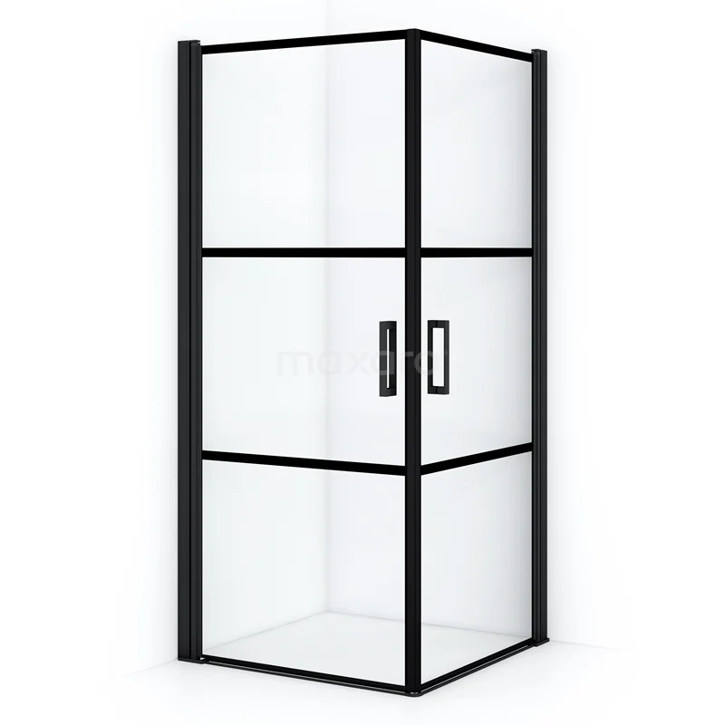 Diamond Shower cabin | 70x70 cm Matte black Clear with 4 black stripes Pivot door Square CDE1070718MBN Black rectangular shower enclosure with clear glass and steel frame, ideal as a modern bathroom solution.